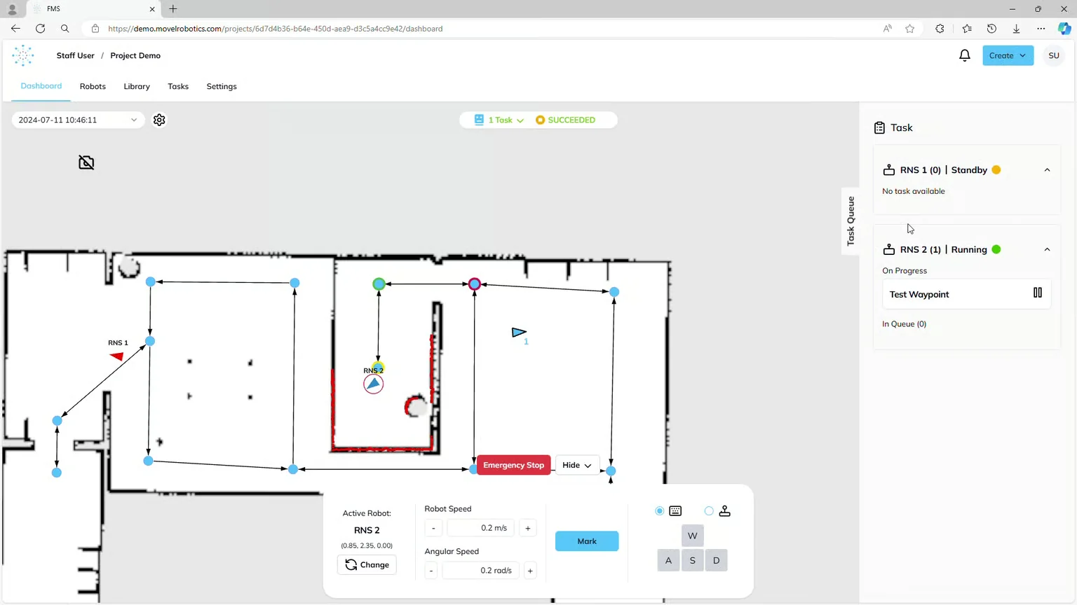FMS dashboard — the live fleet on the map, per-robot drive + emergency stop, and a task queue (RNS 1 standby, RNS 2 running a waypoint)