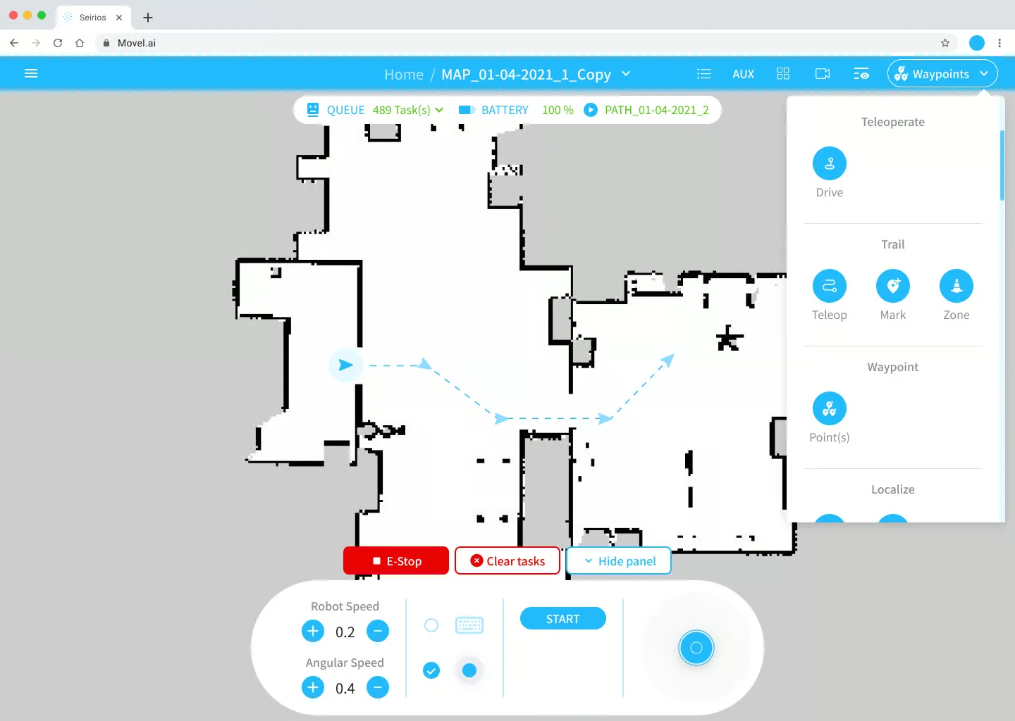 RNS — teleoperate, mark waypoints and trails, set zones, and localize, all in the browser