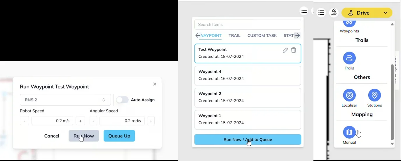 Dispatching work — pick a waypoint, assign a robot, and run now or queue it up