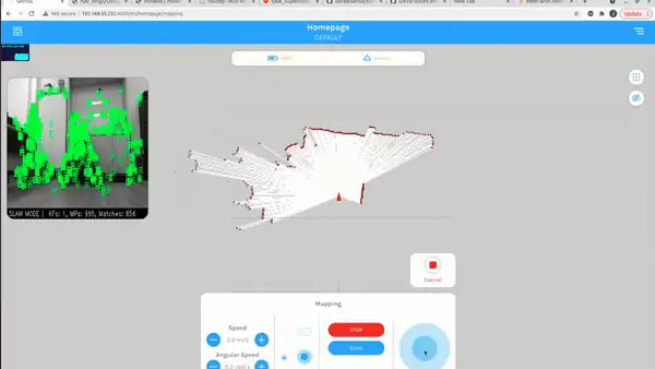 Real-time SLAM — feature tracking (left) and the point-cloud map building as the robot drives