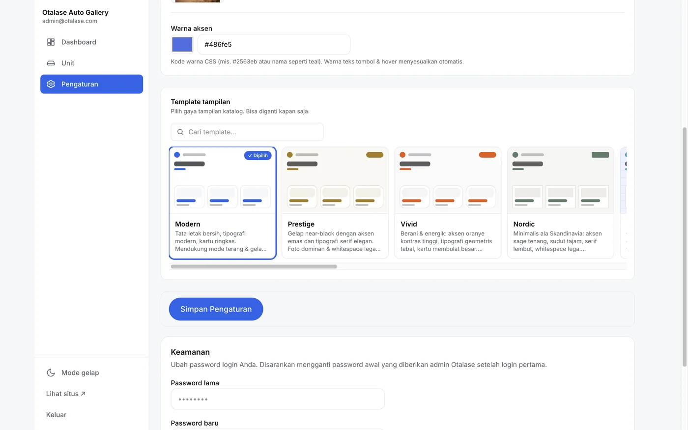 Admin settings — accent colour & themeable templates