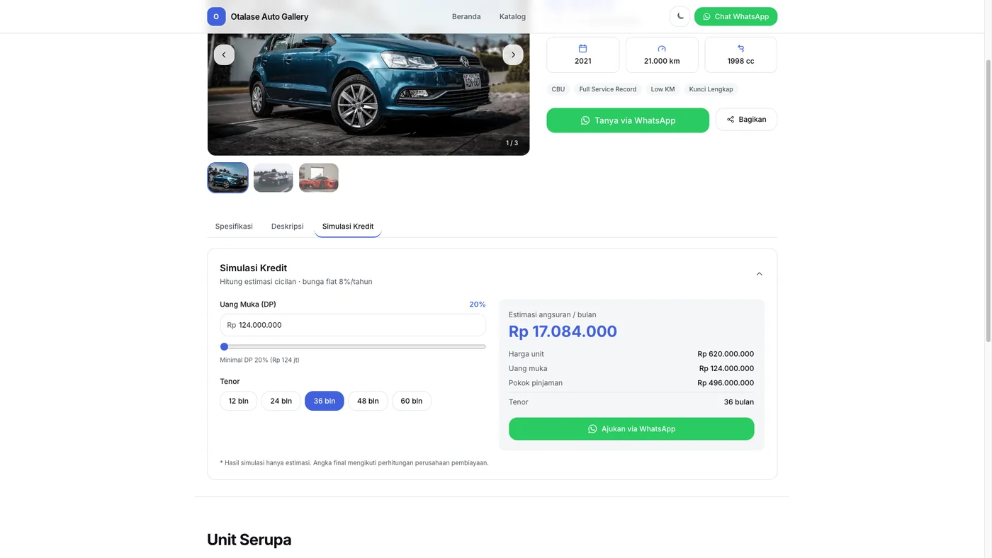 Vehicle detail — credit simulation & WhatsApp hand-off