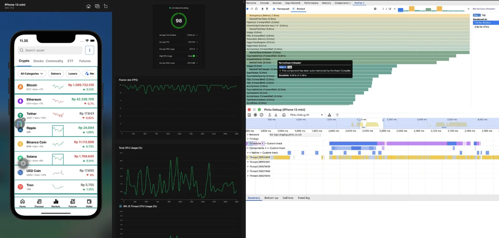 Profiling the trade flow — Flashlight (98 score, FPS / CPU / RAM), React DevTools Profiler (auto-memoized by the React Compiler), and the Chrome performance timeline