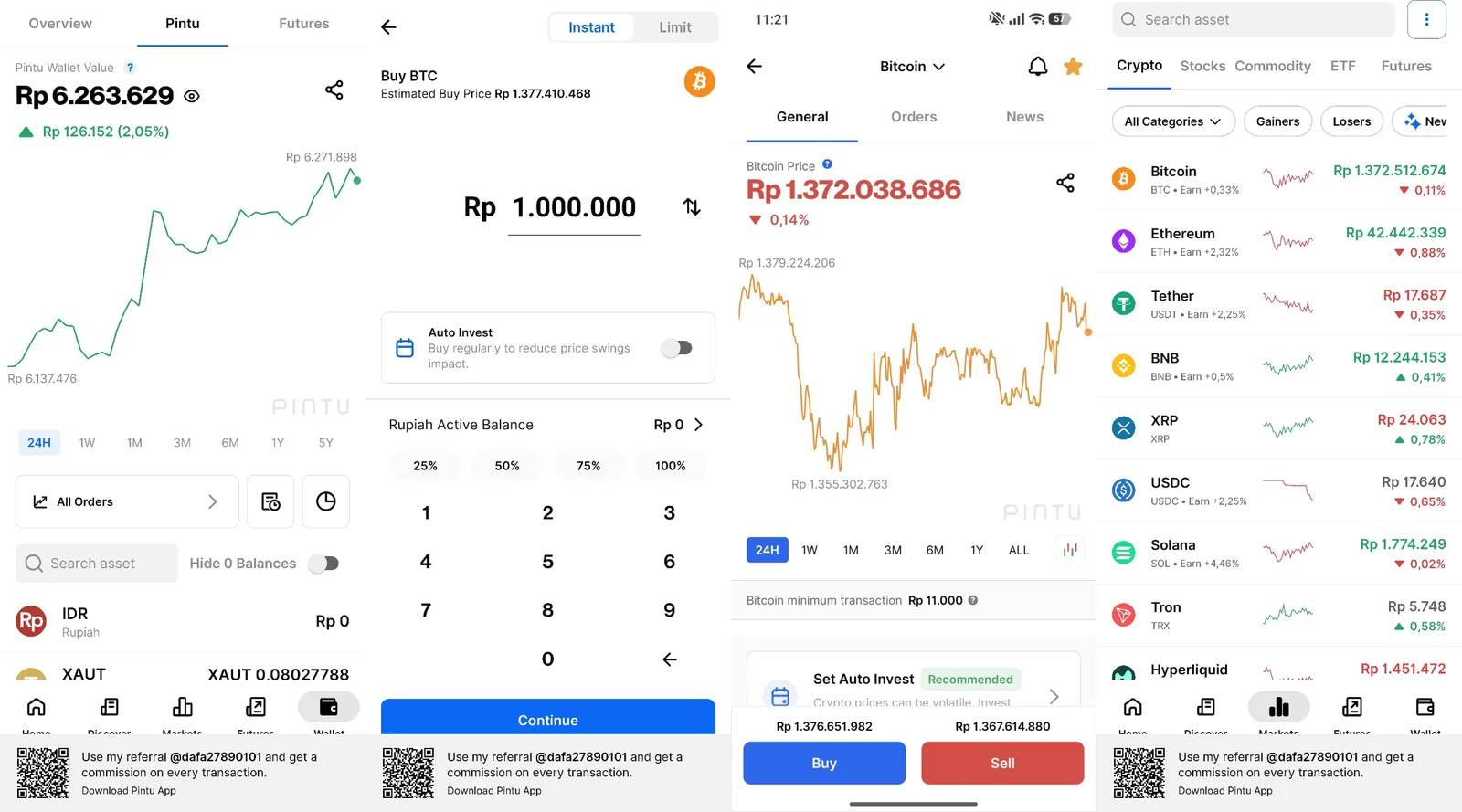 Retail — markets, order ticket, and asset detail across crypto, stocks, commodity, and ETF