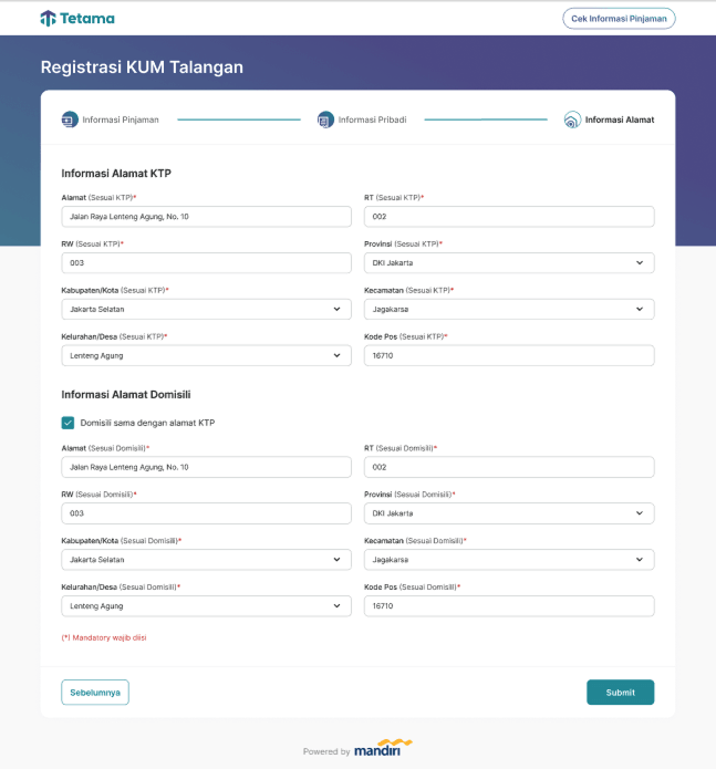KUM Talangan — a multi-step, validated loan registration (loan, personal, address KYC), powered by Bank Mandiri