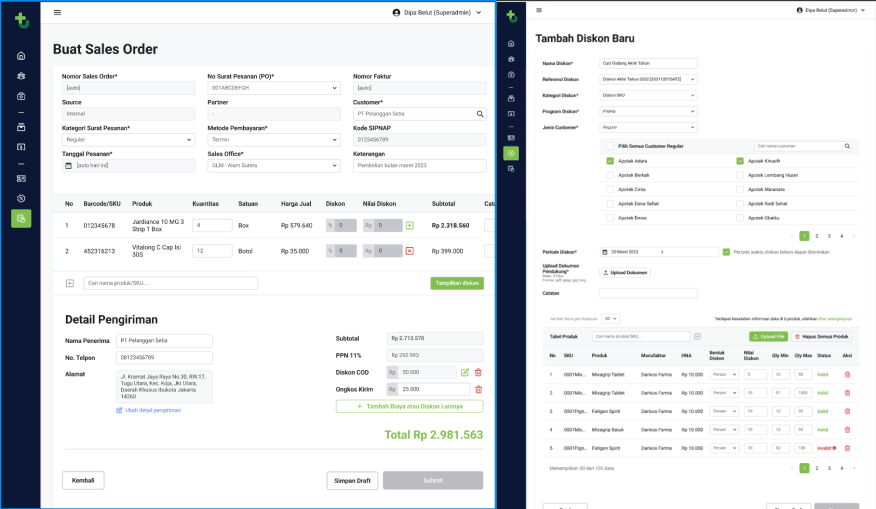 Creating a sales order — line items, shipping, PPN, and totals — and the discount builder with per-customer, per-product rules