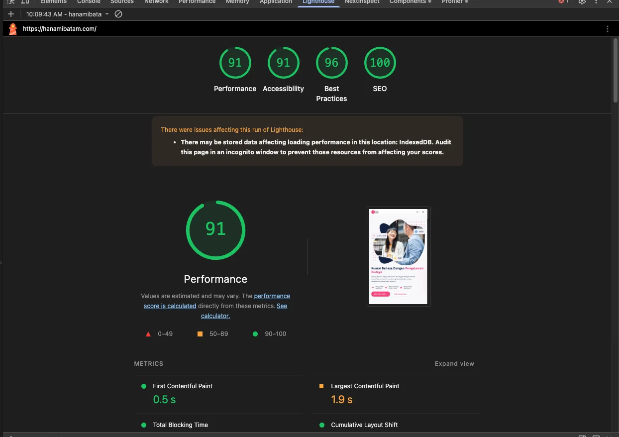 Lighthouse on the live site — 91 performance, 100 SEO, with a 0.5s First Contentful Paint