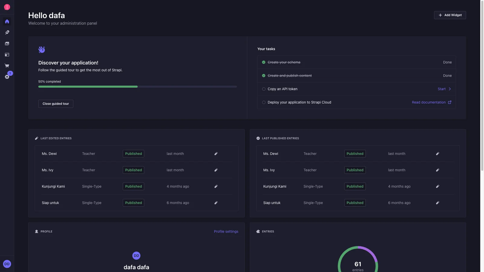 The Strapi CMS — the school's team edits courses, teachers, and copy, and it goes live without a redeploy
